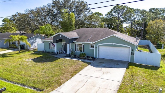 single story home featuring a garage and a front lawn