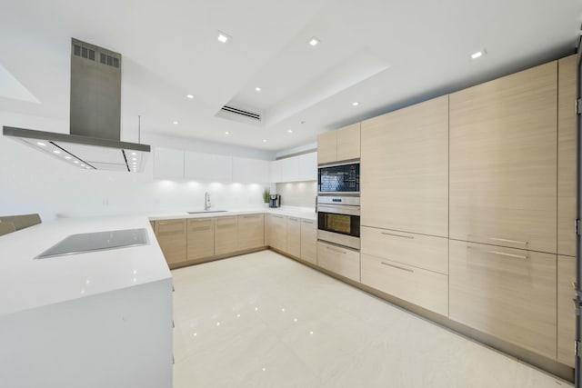 kitchen featuring light brown cabinets, island exhaust hood, black appliances, and modern cabinets