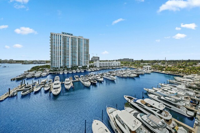 view of water feature with a boat dock