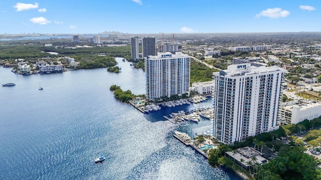 drone / aerial view featuring a city view and a water view