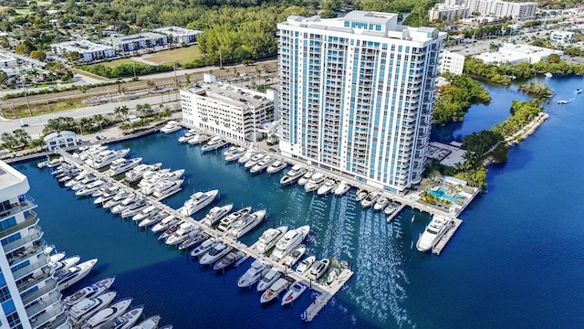 aerial view with a view of city and a water view