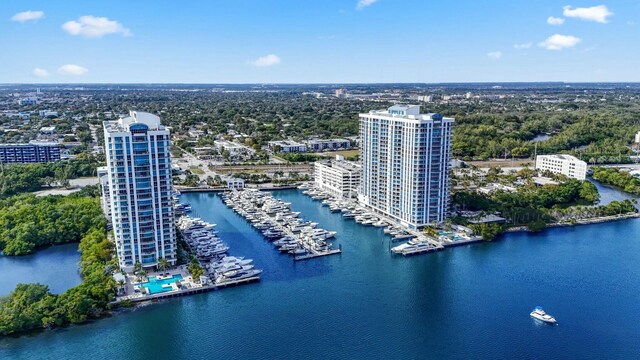 birds eye view of property featuring a water view