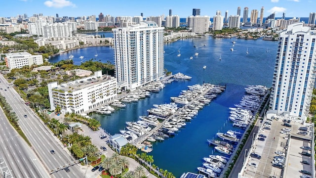 birds eye view of property with a view of city and a water view