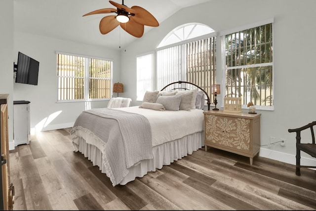 bedroom with lofted ceiling and wood-type flooring