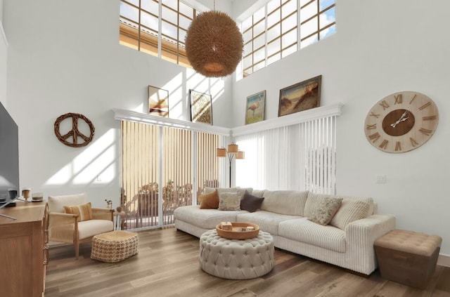 living room featuring wood-type flooring and a high ceiling