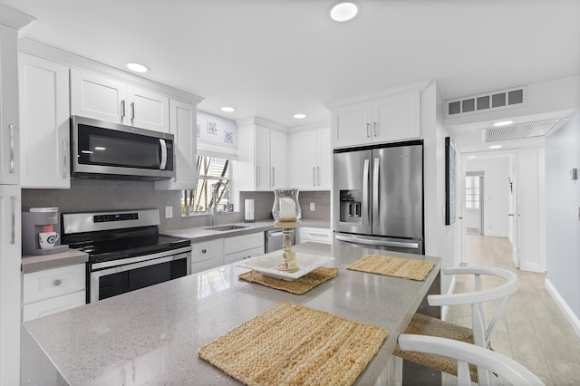 kitchen featuring visible vents, white cabinets, decorative backsplash, stainless steel appliances, and a sink