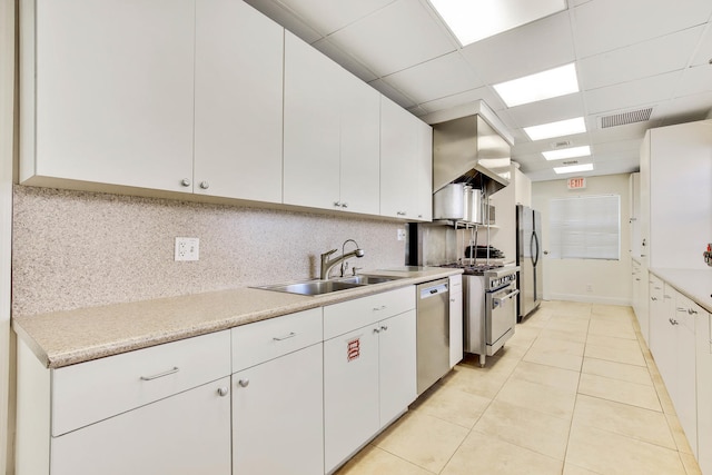 kitchen featuring sink, stainless steel appliances, tasteful backsplash, white cabinets, and light tile patterned flooring