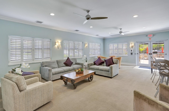 2871 N Ocean Blvd Unit C103, Boca Raton, FL 33431 - living room with a ceiling fan, french doors, crown molding, recessed lighting, and carpet floors