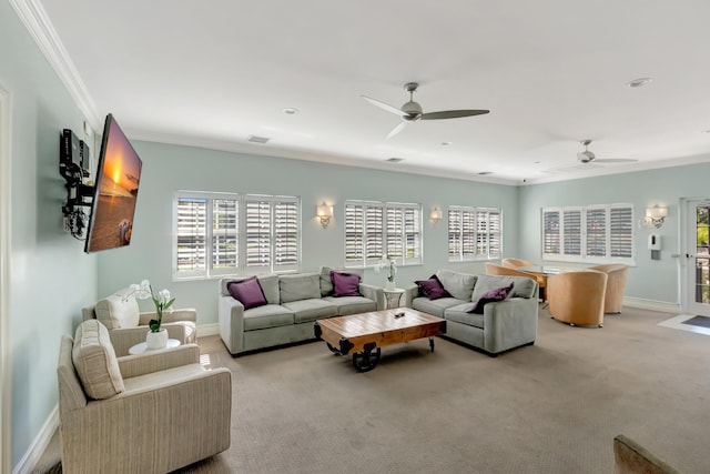 2871 N Ocean Blvd Unit C103, Boca Raton, FL 33431 - living area featuring ornamental molding, ceiling fan, baseboards, and light carpet