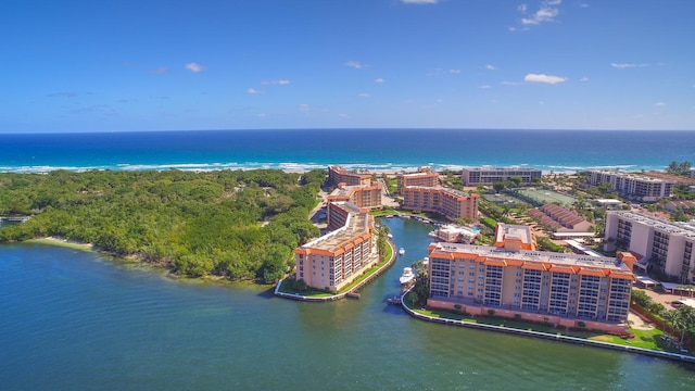 birds eye view of property featuring a water view