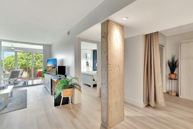 living room featuring a wealth of natural light, light hardwood / wood-style floors, and a wall of windows