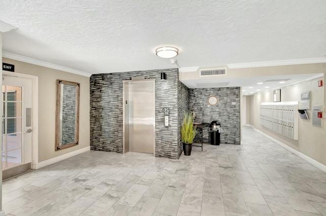 unfurnished living room featuring crown molding, elevator, mail boxes, and a textured ceiling