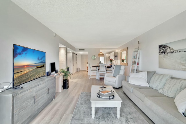 living room with light hardwood / wood-style floors and a textured ceiling