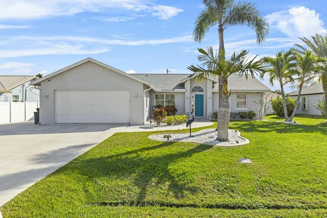 ranch-style house featuring a garage and a front yard