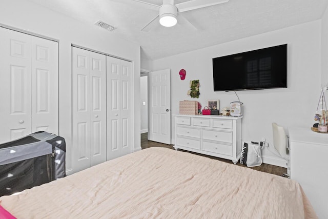 bedroom featuring ceiling fan, dark hardwood / wood-style floors, and two closets