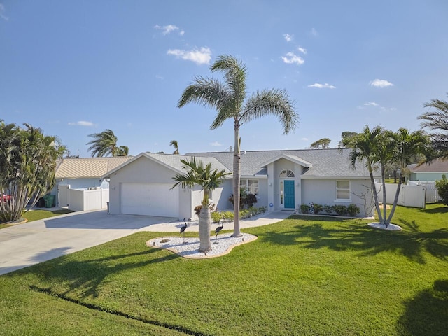 ranch-style house with a garage and a front yard