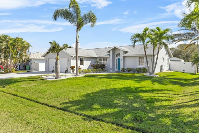 single story home featuring a garage and a front lawn