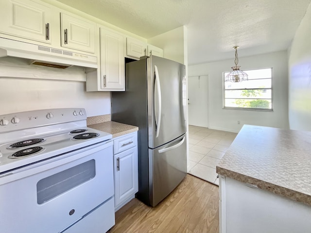 kitchen with decorative light fixtures, white electric stove, white cabinets, stainless steel fridge, and a textured ceiling