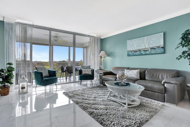 living room with crown molding, floor to ceiling windows, and ceiling fan