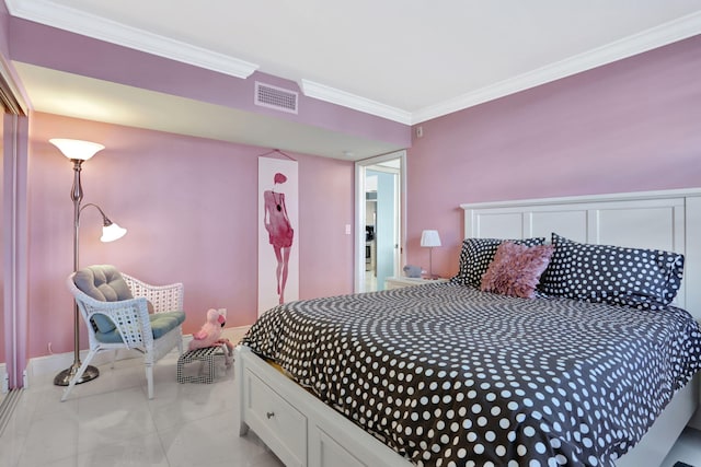 tiled bedroom with ornamental molding