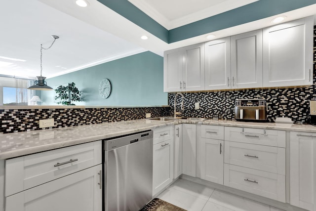 kitchen with sink, white cabinetry, stainless steel dishwasher, ornamental molding, and light stone countertops