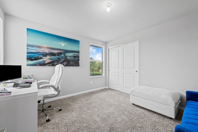 carpeted office space with a textured ceiling