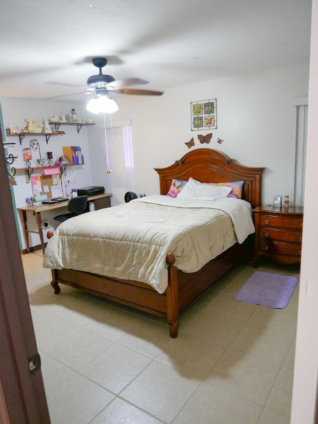 bedroom with light tile patterned floors and ceiling fan