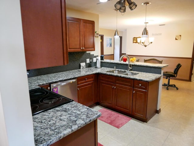 kitchen featuring pendant lighting, sink, dishwasher, stone counters, and kitchen peninsula