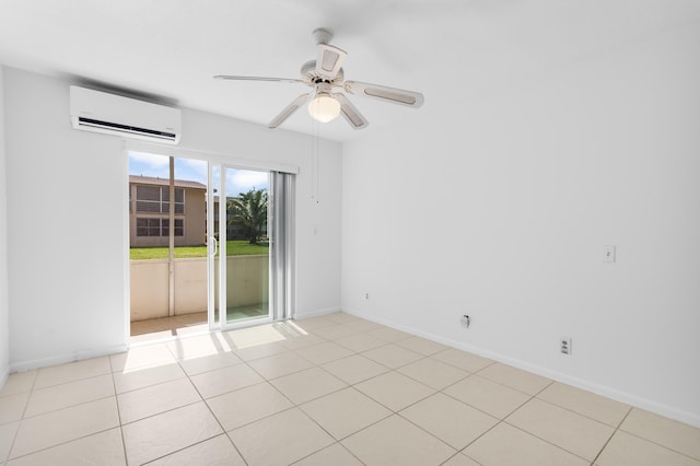 tiled empty room featuring ceiling fan and a wall mounted AC