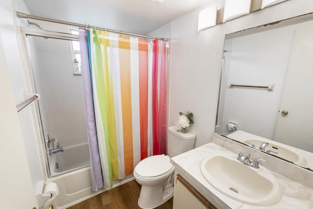 full bathroom with shower / bathtub combination with curtain, vanity, wood-type flooring, and toilet