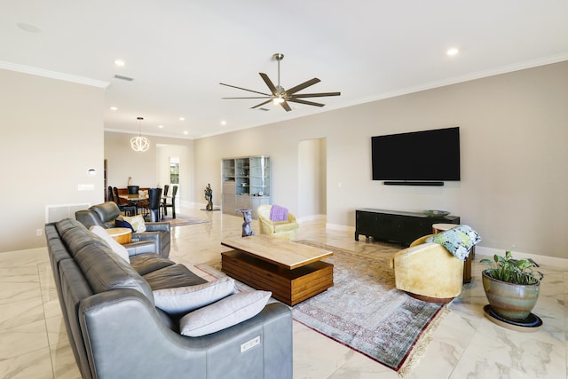 living room with crown molding and ceiling fan