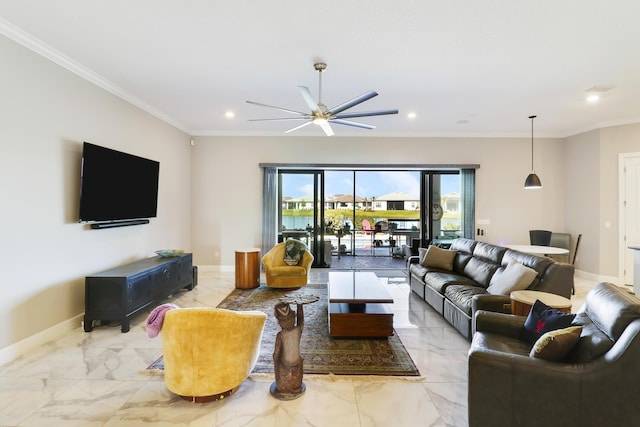 living room with ornamental molding