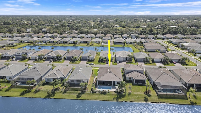 bird's eye view with a water view