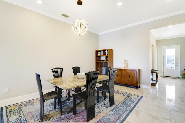 dining space with a notable chandelier and ornamental molding