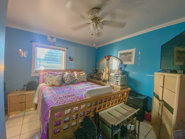 bedroom featuring crown molding, light tile patterned floors, and ceiling fan