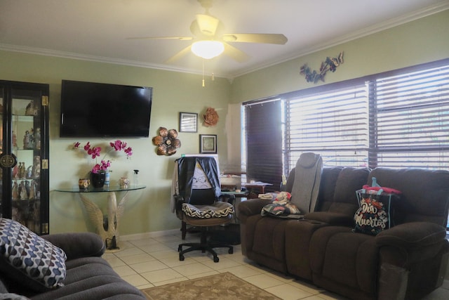 tiled living room with ceiling fan and ornamental molding