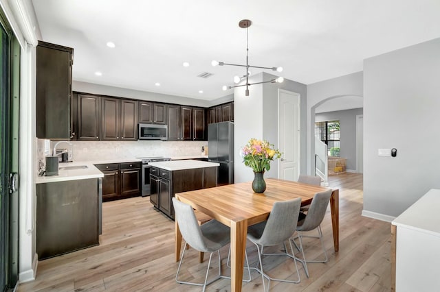 kitchen with pendant lighting, backsplash, a center island, stainless steel appliances, and light hardwood / wood-style flooring