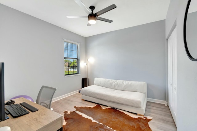 office space with ceiling fan and light hardwood / wood-style flooring