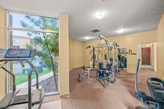 exercise area featuring expansive windows and a textured ceiling