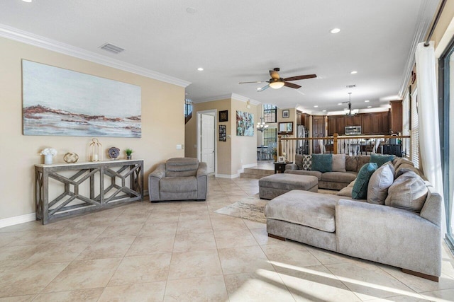 living room with light tile patterned flooring, ceiling fan, and ornamental molding