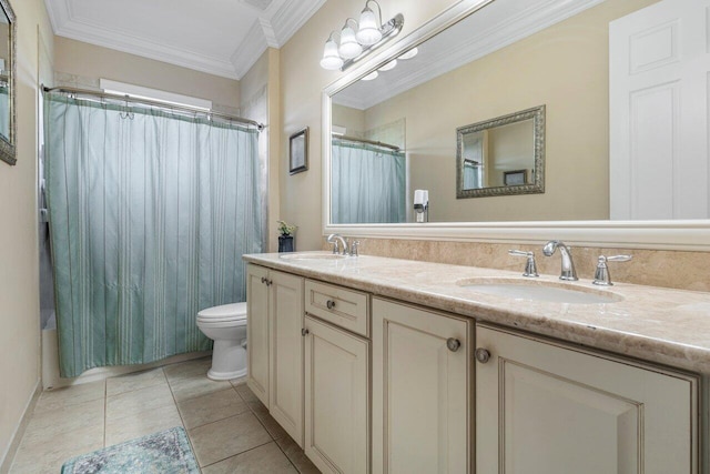 full bathroom featuring shower / tub combo with curtain, crown molding, tile patterned flooring, vanity, and toilet