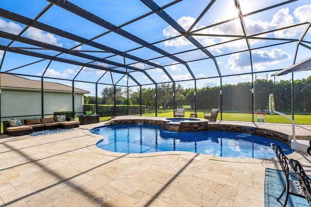 view of pool featuring an outdoor hangout area, an in ground hot tub, a patio, and glass enclosure