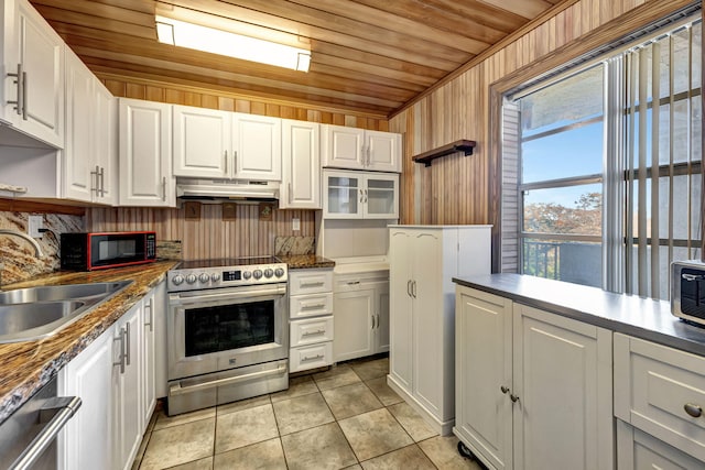 kitchen featuring white cabinetry, sink, wood ceiling, and stainless steel appliances