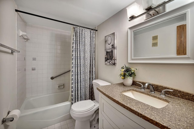 full bathroom with vanity, tile patterned floors, toilet, and shower / bathtub combination with curtain