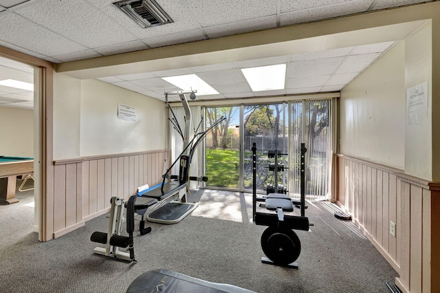 exercise room featuring a paneled ceiling, expansive windows, and carpet