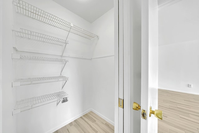 walk in closet with light wood finished floors