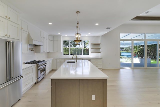 kitchen featuring pendant lighting, sink, white cabinetry, a kitchen island with sink, and high end appliances