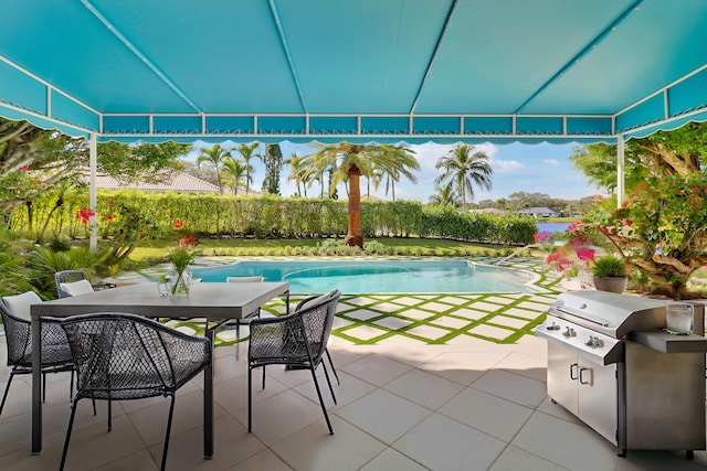 view of patio / terrace featuring a fenced in pool and exterior kitchen