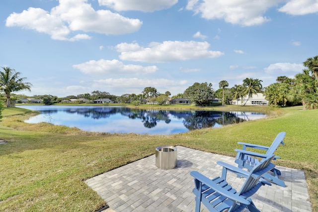 view of patio featuring a water view