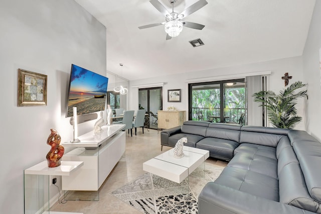 living room with lofted ceiling and ceiling fan